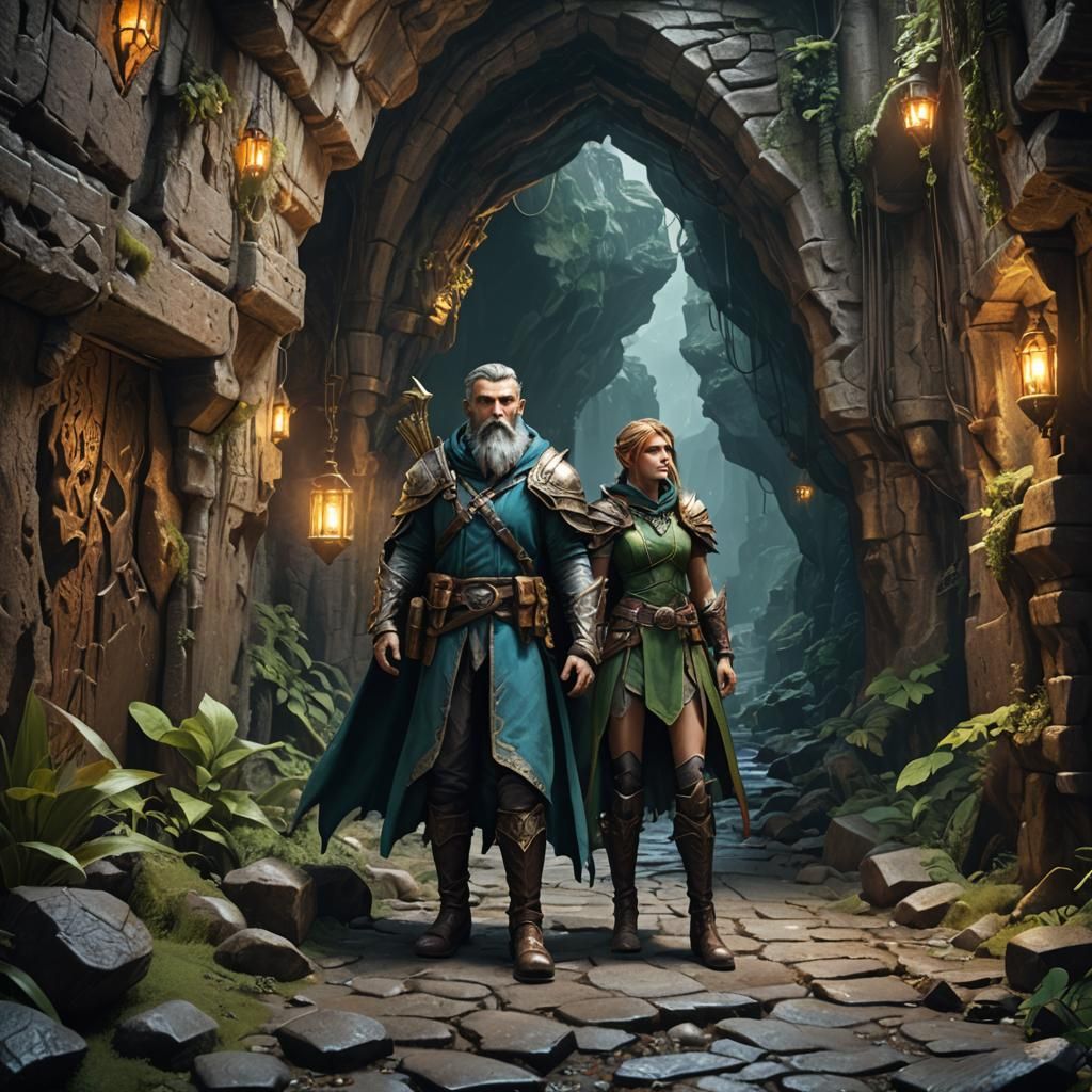 Elf Ranger and Winged Female Explore Cave