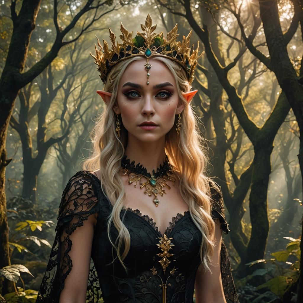 Young Elf in Black Lace Dress in Mystical Forest