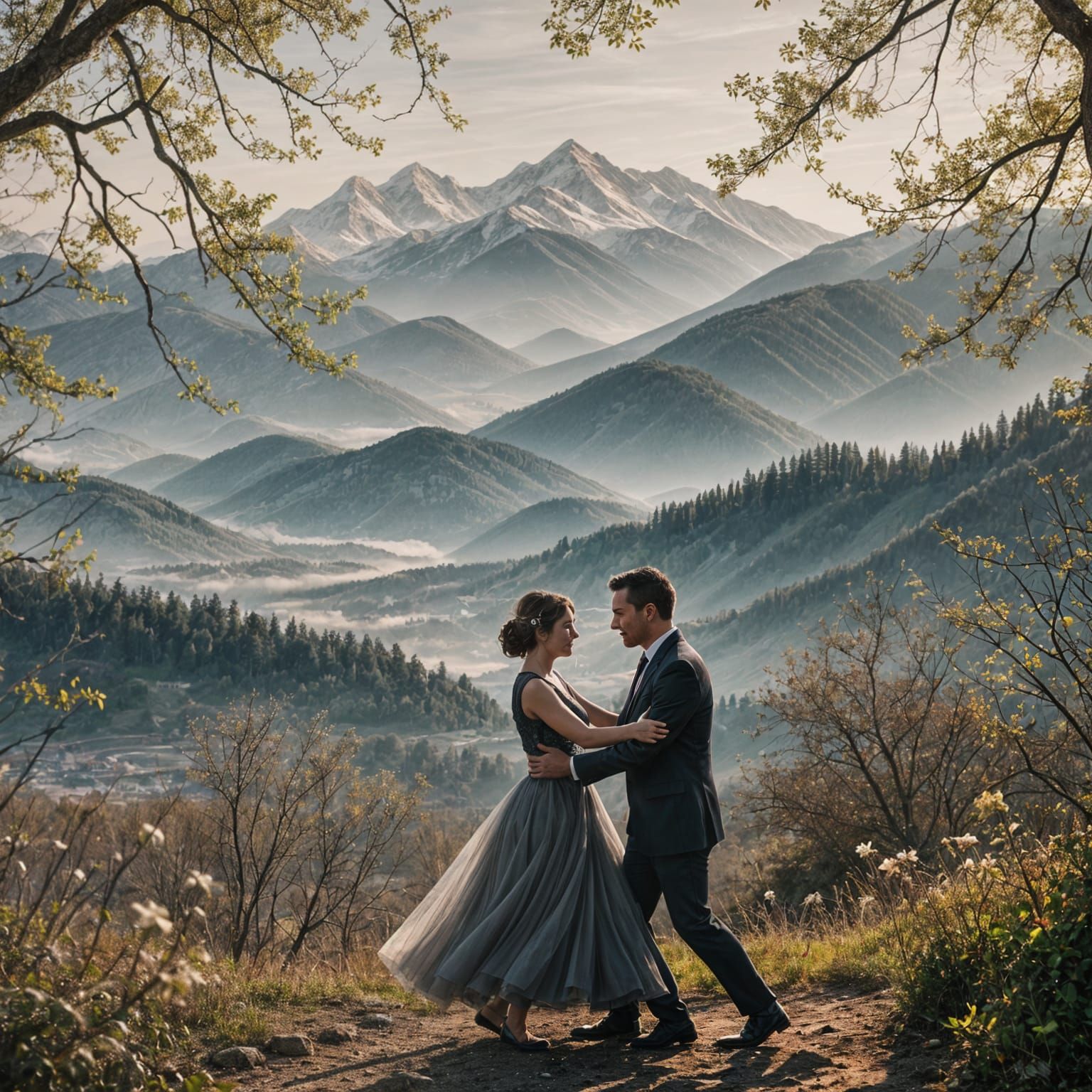 Silhouette Couple Dancing with Mountain Double Exposure