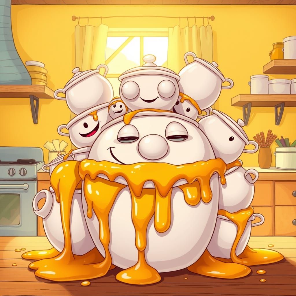 Whimsical Honey Pots Smile in Sunny Kitchen Scene