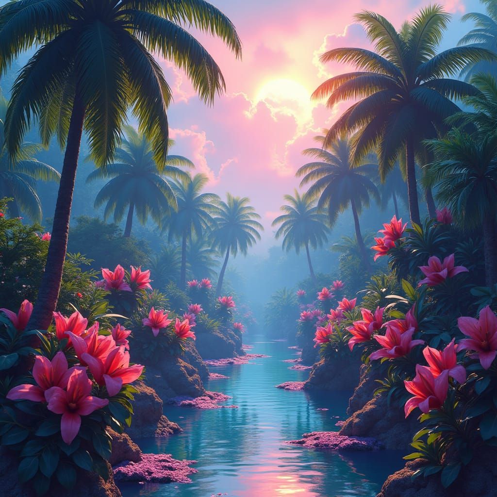 Neon Tropical Paradise in Impressionist Style
