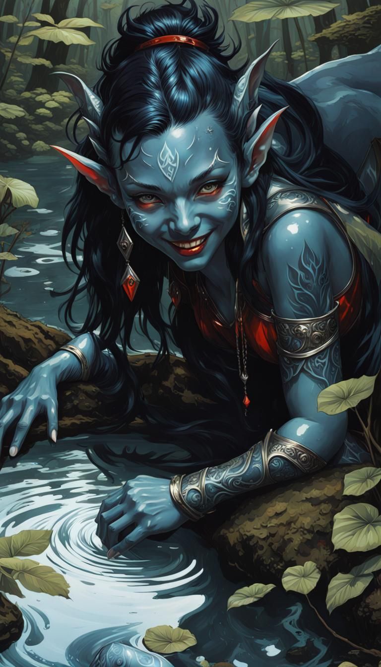 Blue Goblin Woman Portrait in Art Nouveau Style