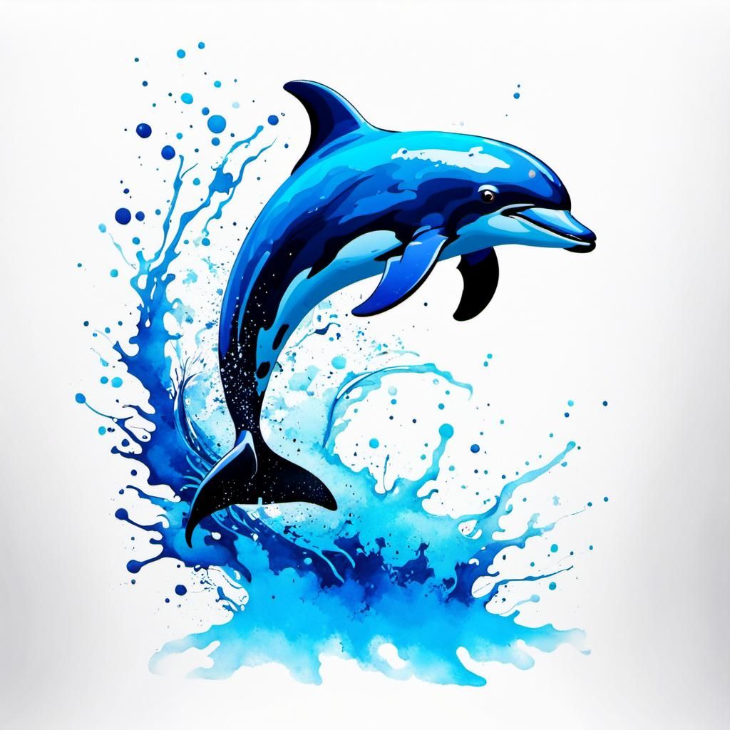 Playful Dolphin Leaps in Dark Blue Ink Splatter