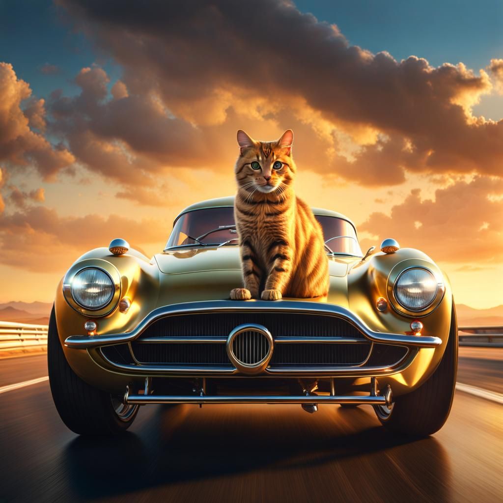Cat Drives Drag Race Car at Golden Hour