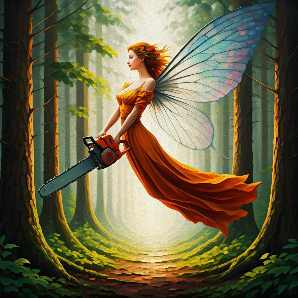 Radiant Fairy with Chainsaw in Impressionist Style