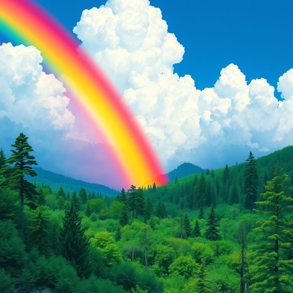Whimsical Rainbow Landscape with Lush Forest and Dreamy Sky