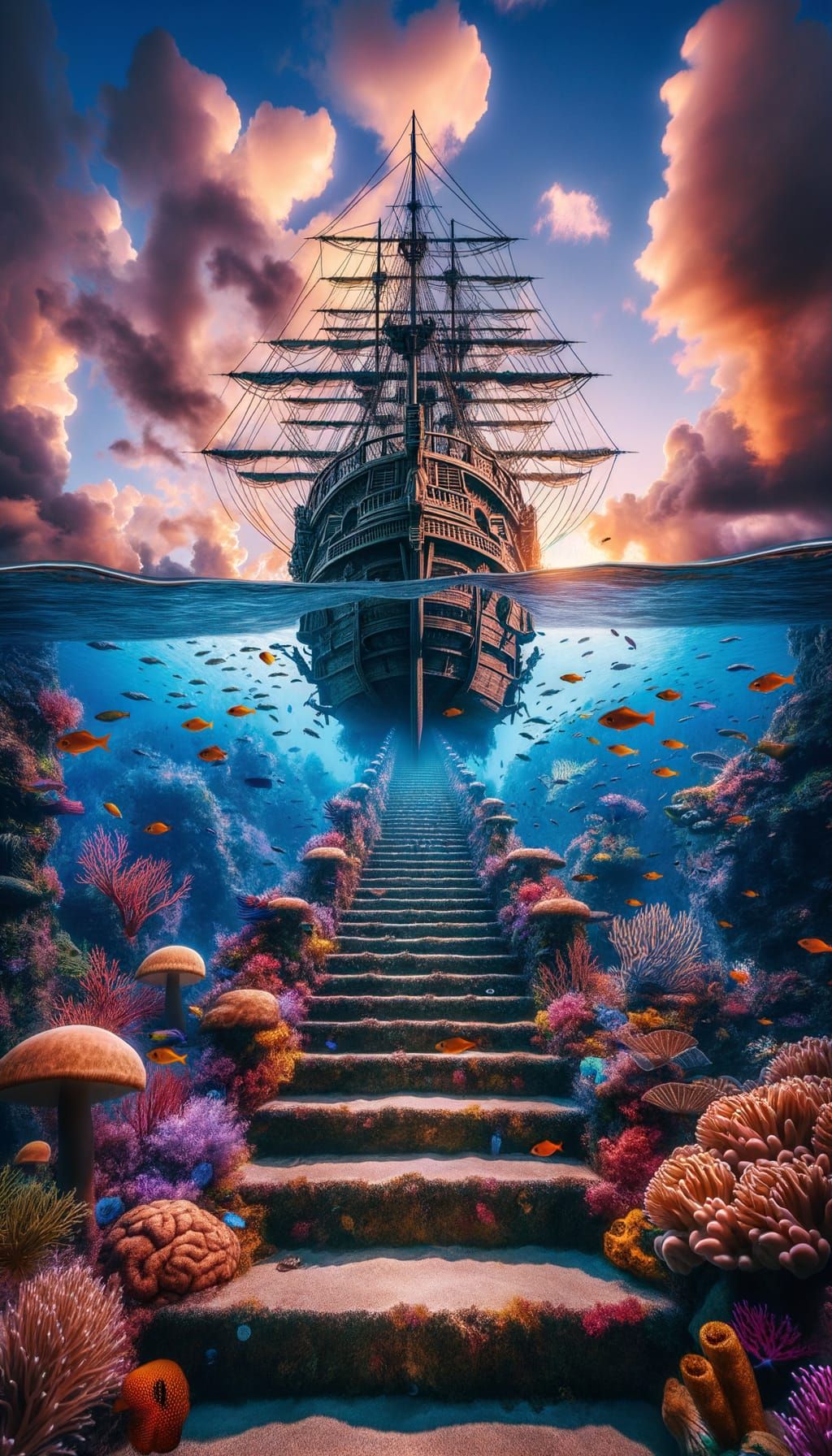 Underwater Stairway to Pirate Ship at Sunset