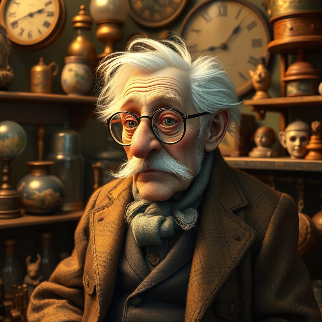 Whimsical Old Man Surrounded by Curiosities