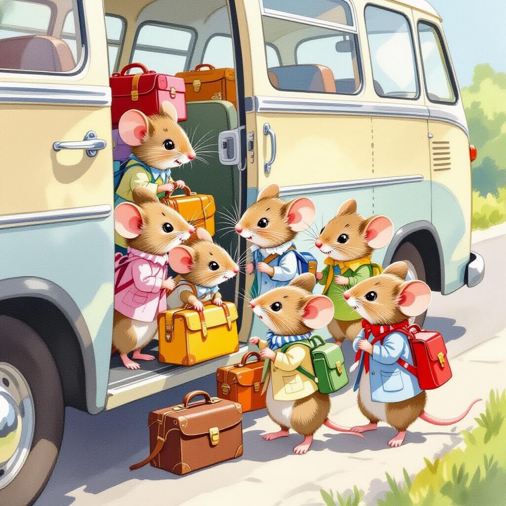 Mice Boarding Bus for Vacation, Children's Book Style