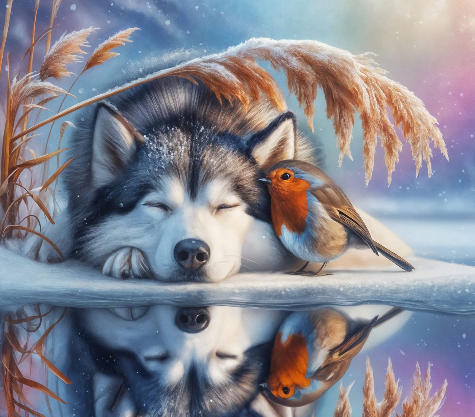 Dreamy Acrylic Painting of Husky and Robin