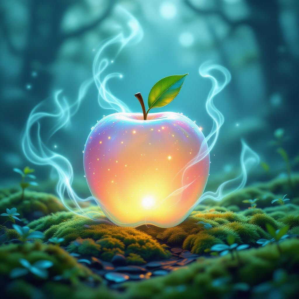 Luminous Iridescent Apple in Enchanted Forest