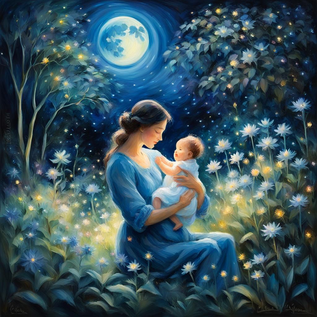 Mother and Baby in Moonlit Garden: Impressionism Style