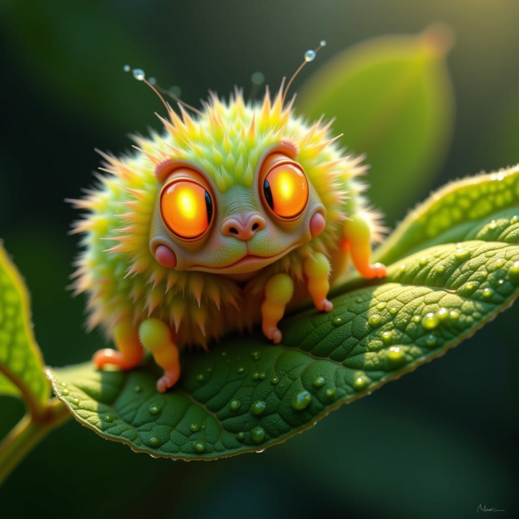 Fluffy Alien Caterpillar on Dewy Leaf in Fantasy Art Style