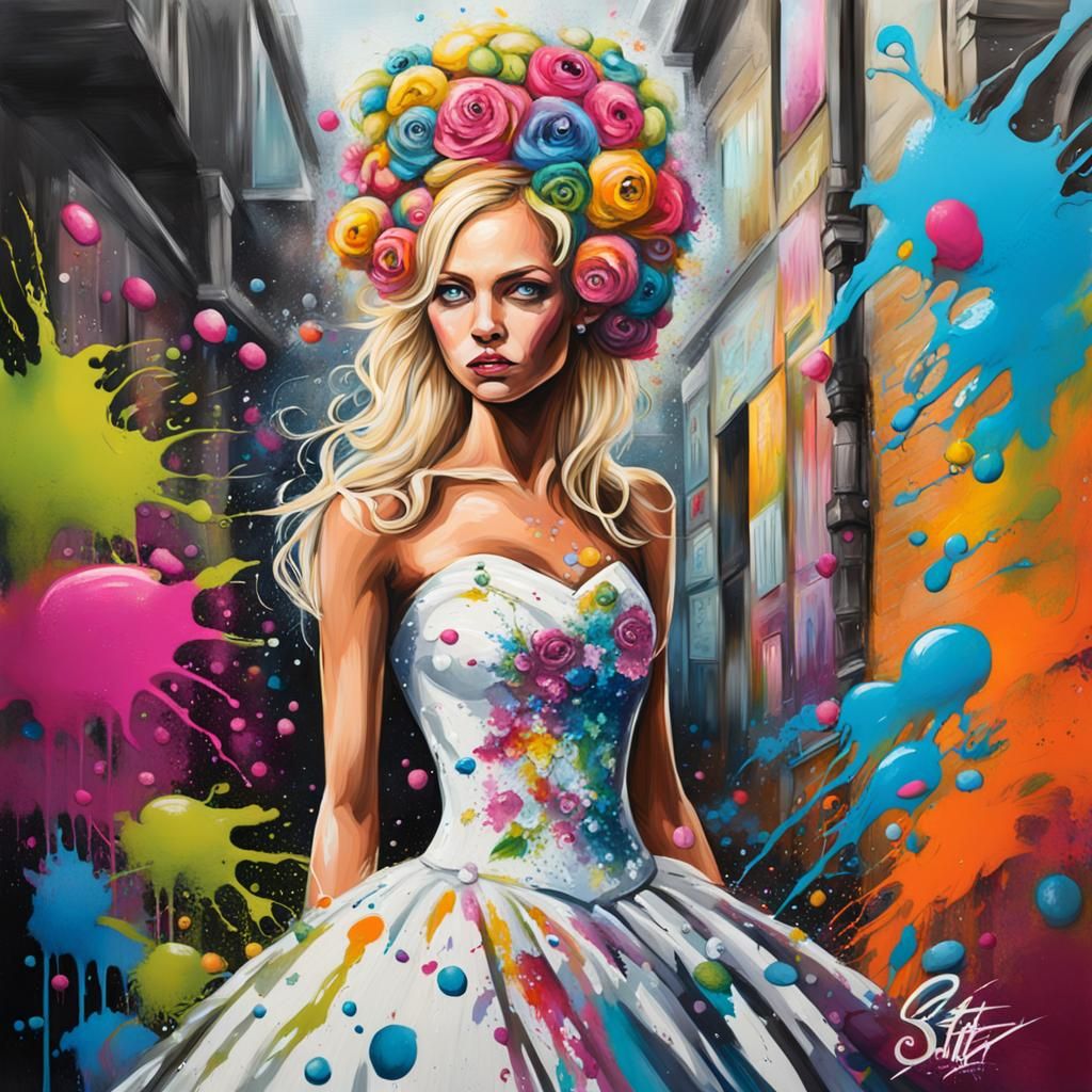 Fantasy Wedding: Blonde Bride in Peacock Dress Graffiti Art