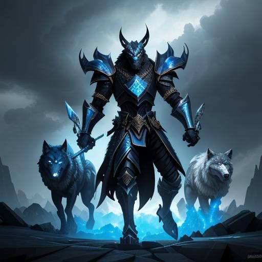 dynamic and detailed fantasy battle scene featuring a central figure that is a large, ferocious wolf-like creature with ...