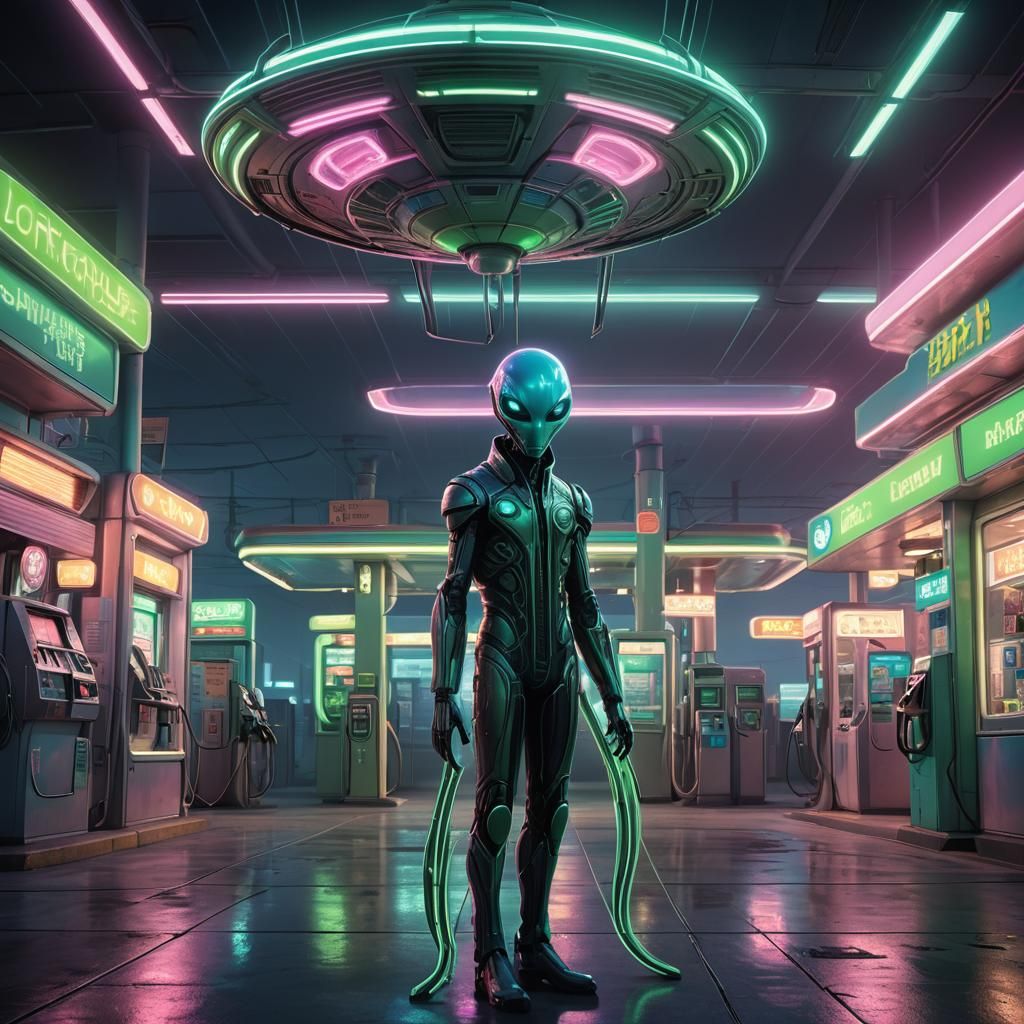 Eerie Alien Attendant at Retro Gas Station
