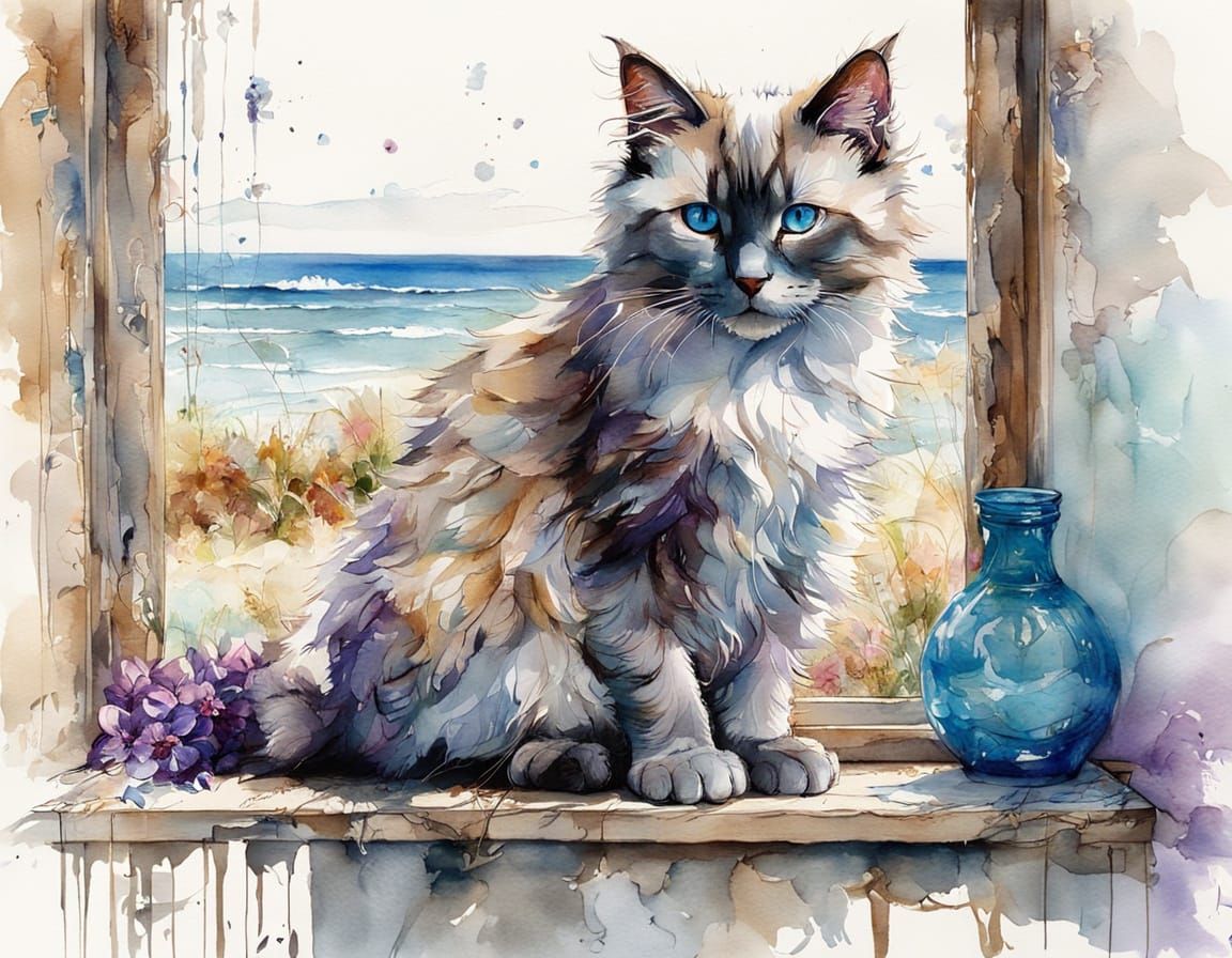 Ragdoll Kitten in Sunlight: Watercolor Painting