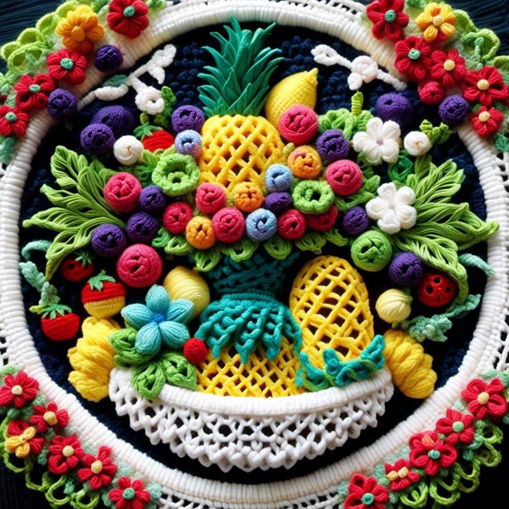 Colorful Crochet Fruit Basket in 3D Needlepoint