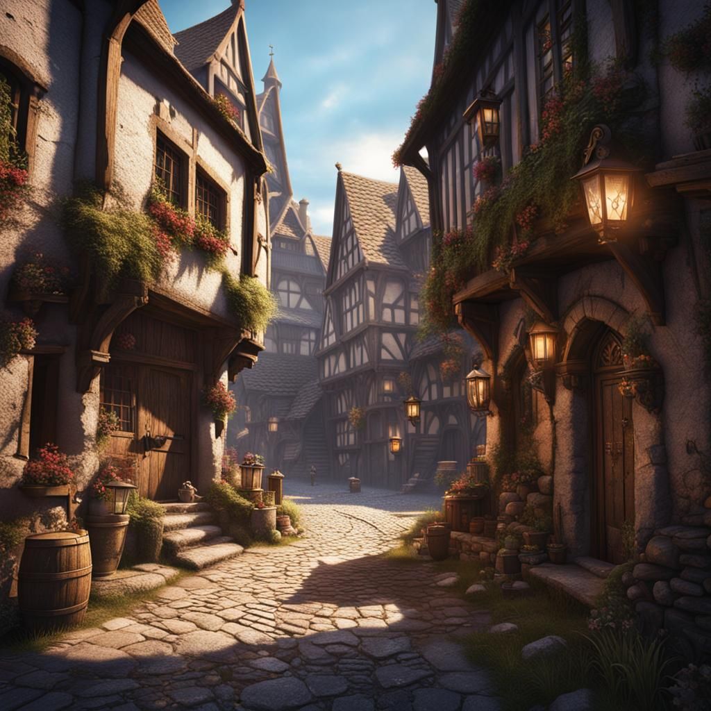 Cyclops on Medieval Street: Detailed Matte Painting