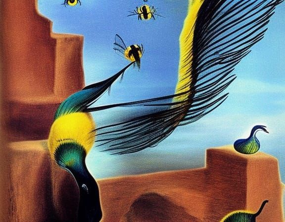 Surreal Flying Peacocks and Bumblebees in Dreamscape