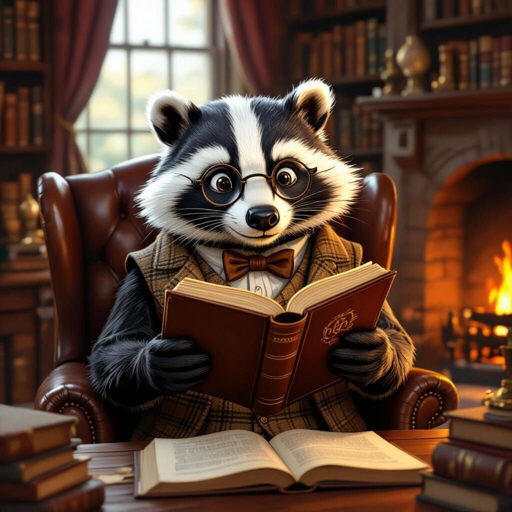 Badger Reading by Fireplace in Storybook Style