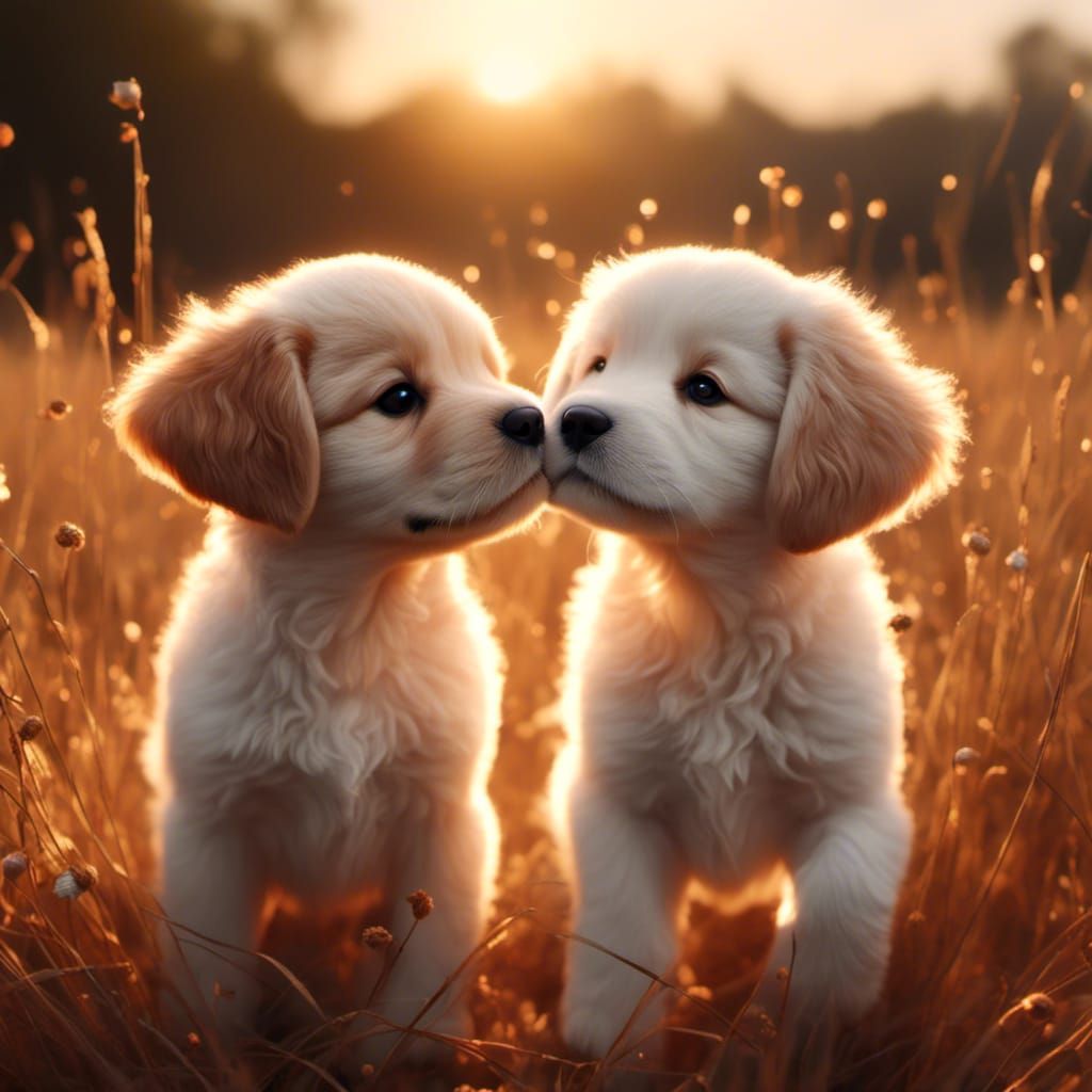 Joyful Puppies Expressing Tenderness at Sunset