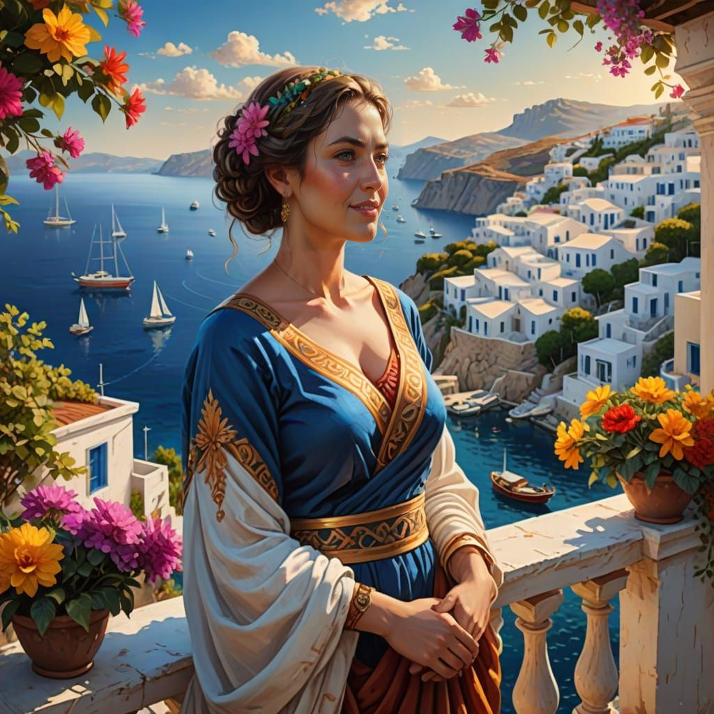 Greek Village Masterpiece with Vibrant Colors and Intricate ...