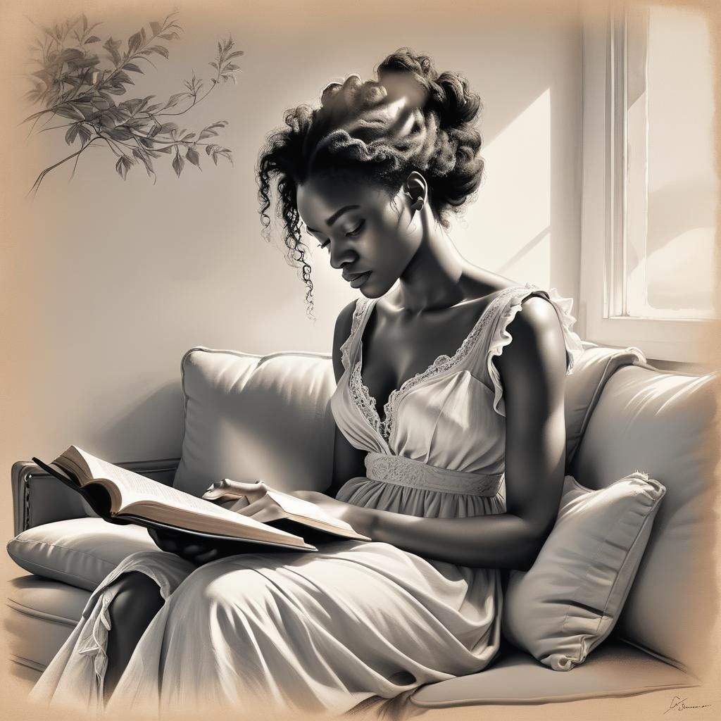 Young Woman Reading: Detailed Pencil Drawing
