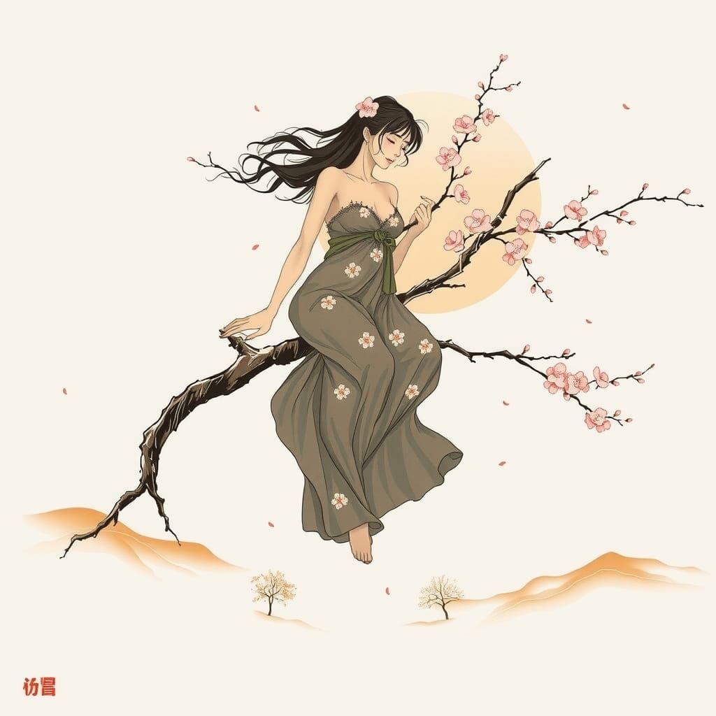 Woman Rides Cherry Branch in Sumi-e Style