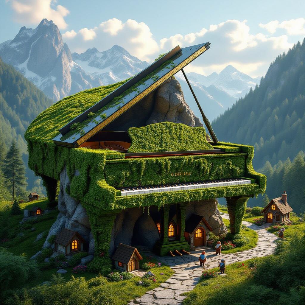 Mountain Grand Piano Reclaimed by Nature with Dwarf Cottages