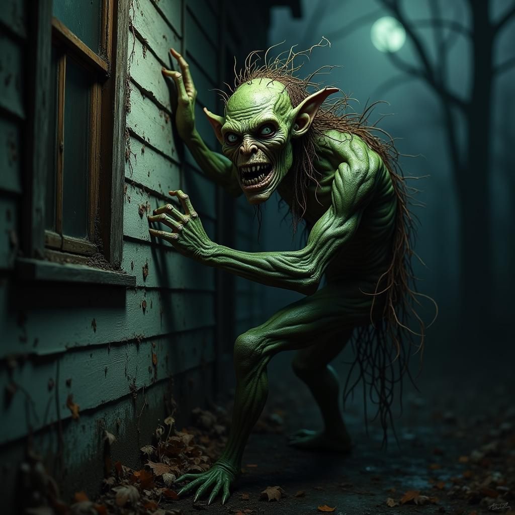 Halloween Troll Climbs Eerie House in Dark Surrealism