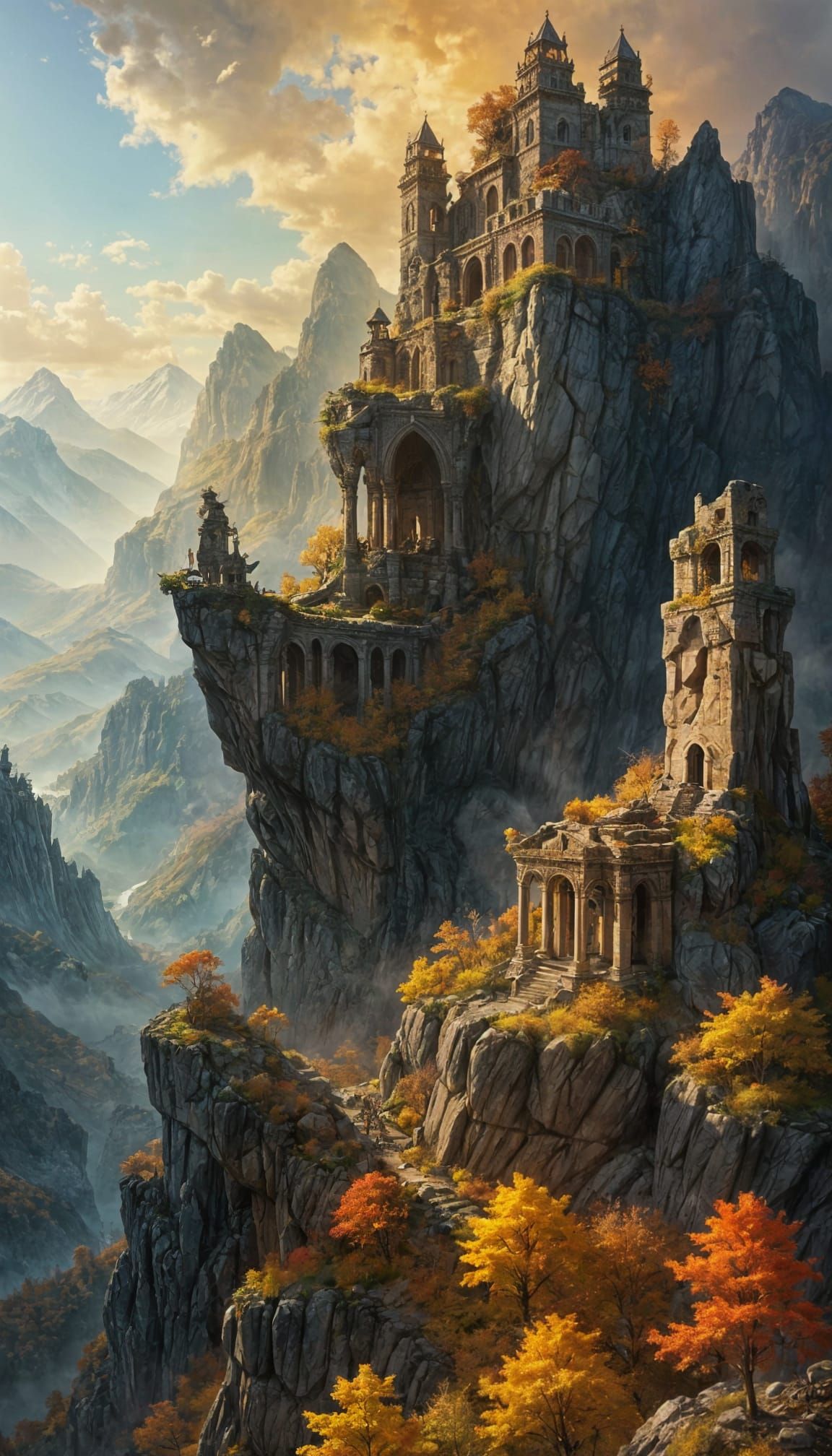 Fantasy Mountain Landscape with Carved Ruins
