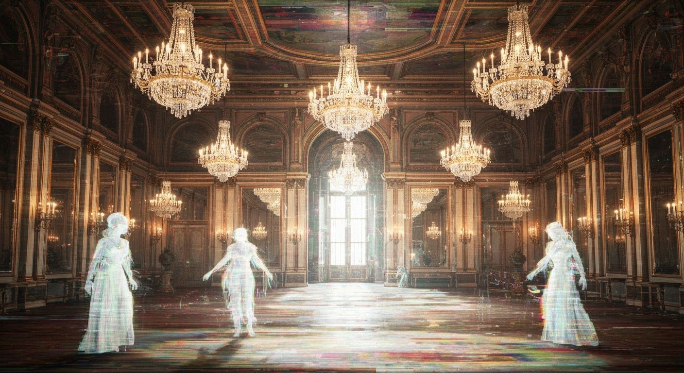 Ethereal Figures in Glitched Digital Parlor
