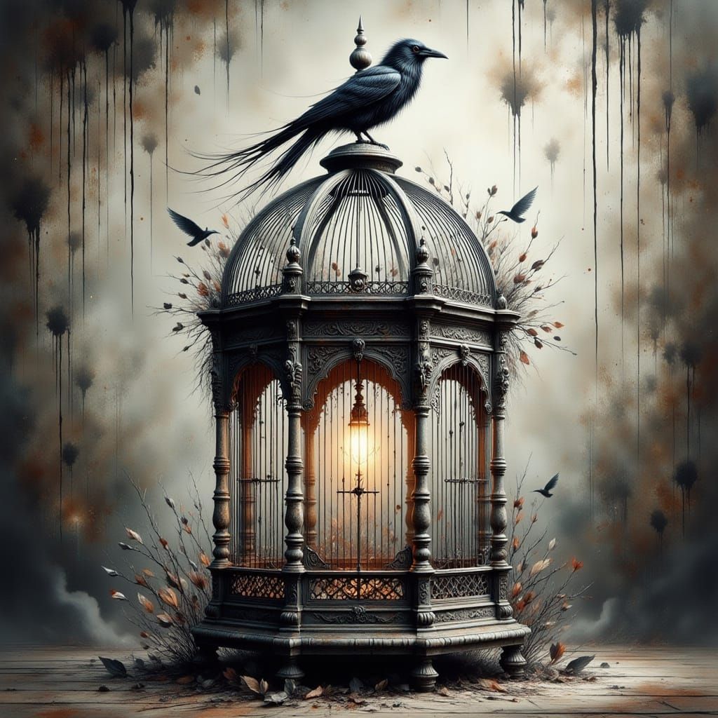 Victorian Bird Cage with Crow, Gothic Splatter Art