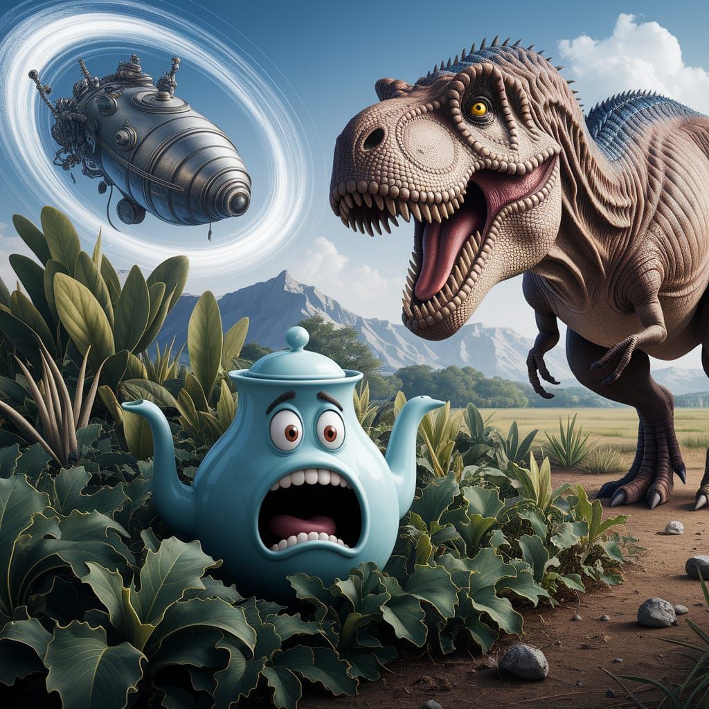 Terrified Teapot Hides from T-Rex Amidst Prehistoric Plants