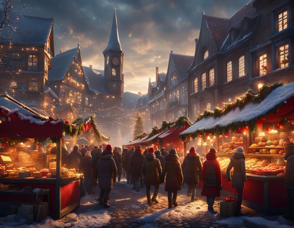 Sunlit Christmas Market in Hyperdetailed Fantasy Style