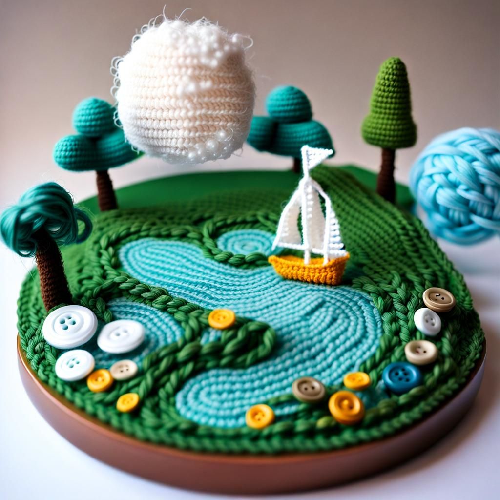 Fantasy Landscape with Crochet Boat and Yarn River