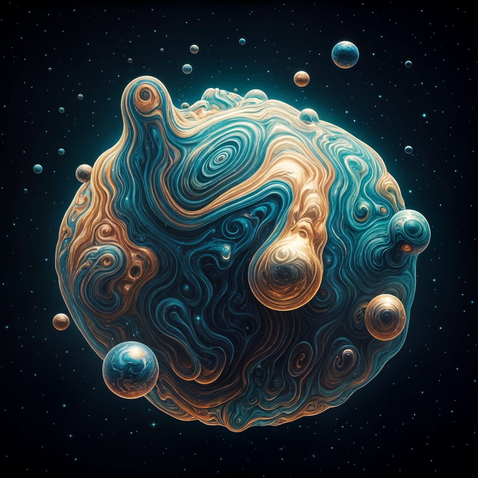 Surreal Cosmic Landscape with Swirling Galaxies