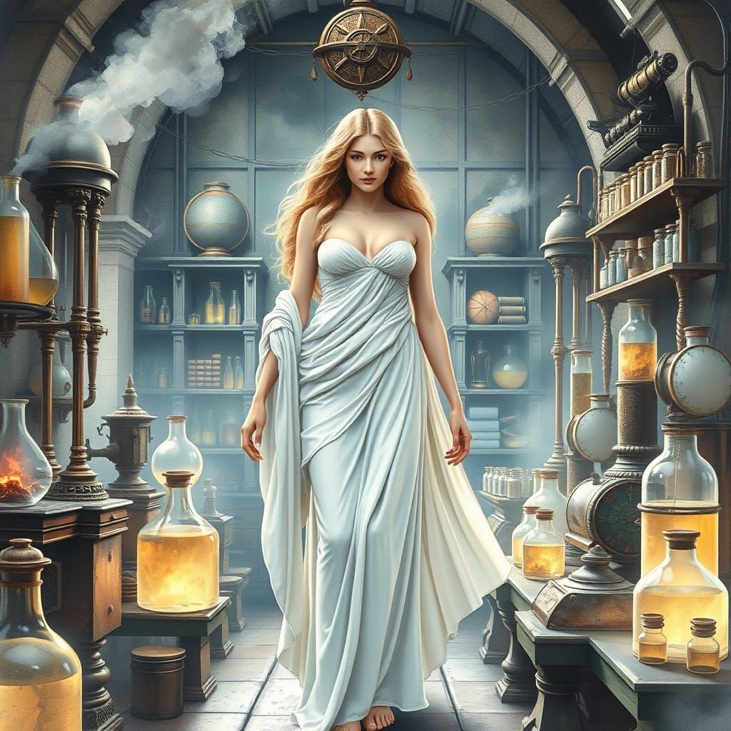 Aphrodite as Chemist: Pastel Watercolor in Botticelli Style