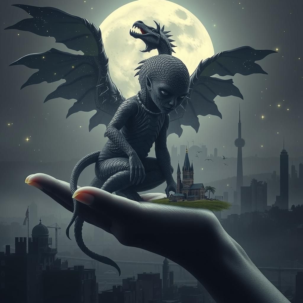 Surreal Griffin-Girl and Centaur in Post-Apocalyptic Citysca...