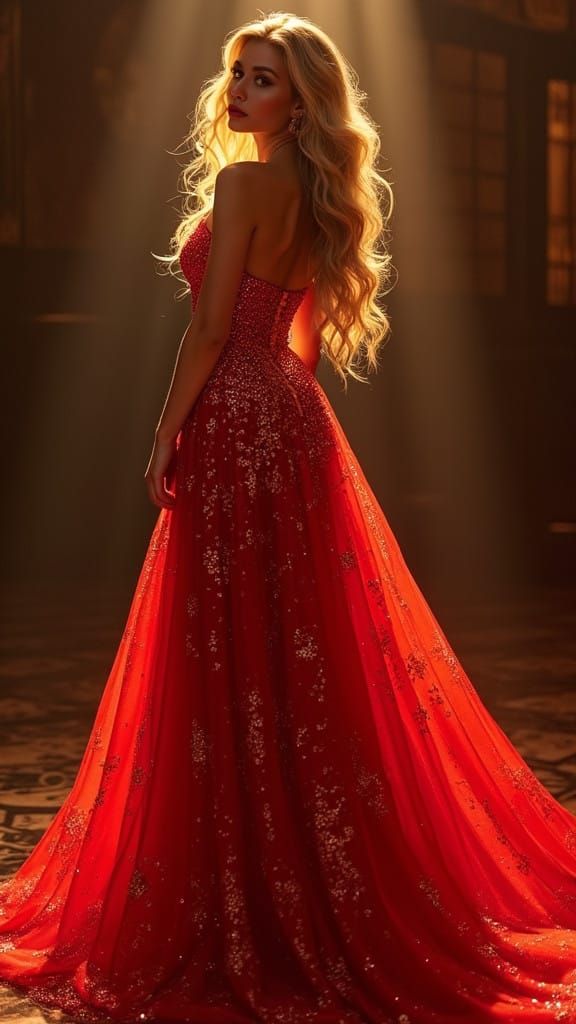 Ethereal Goddess in Crimson Nighttime Gown