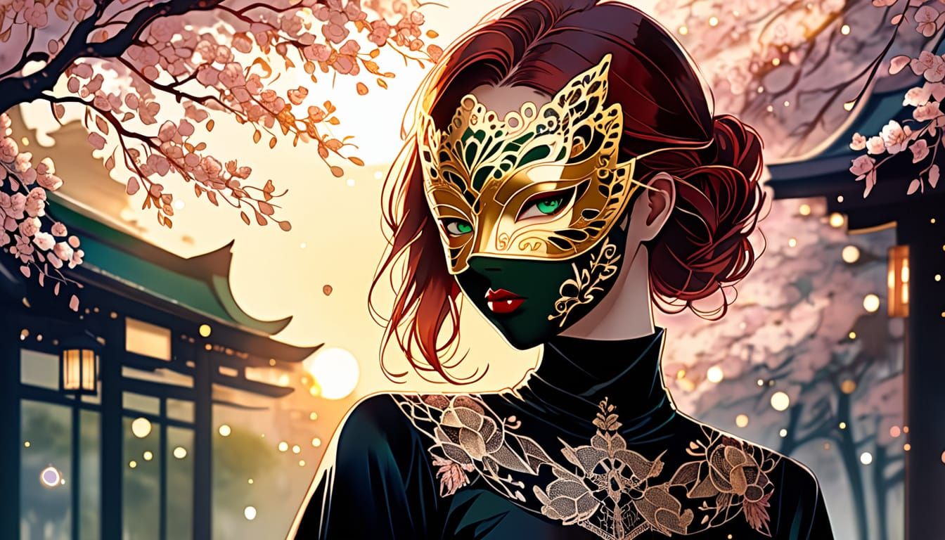 Mysterious Masked Woman in Japanese Ink Illustration