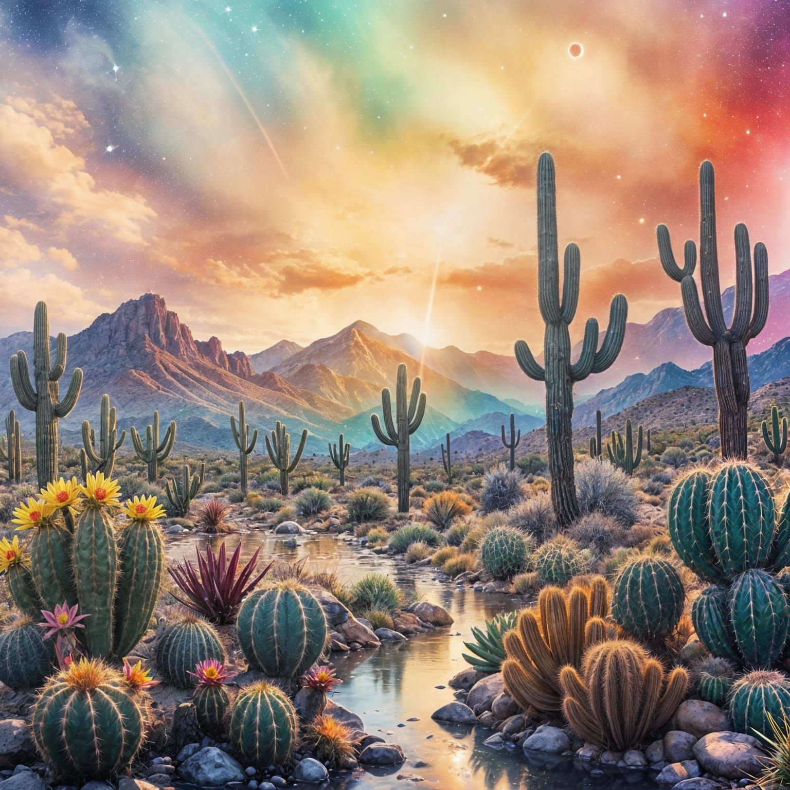 Blooming Desert After Rain: Rainbow Twilight Scene