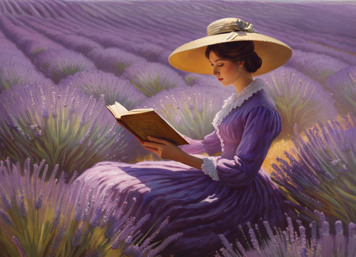 Woman Reading in Lavender Field: Impressionist Portrait