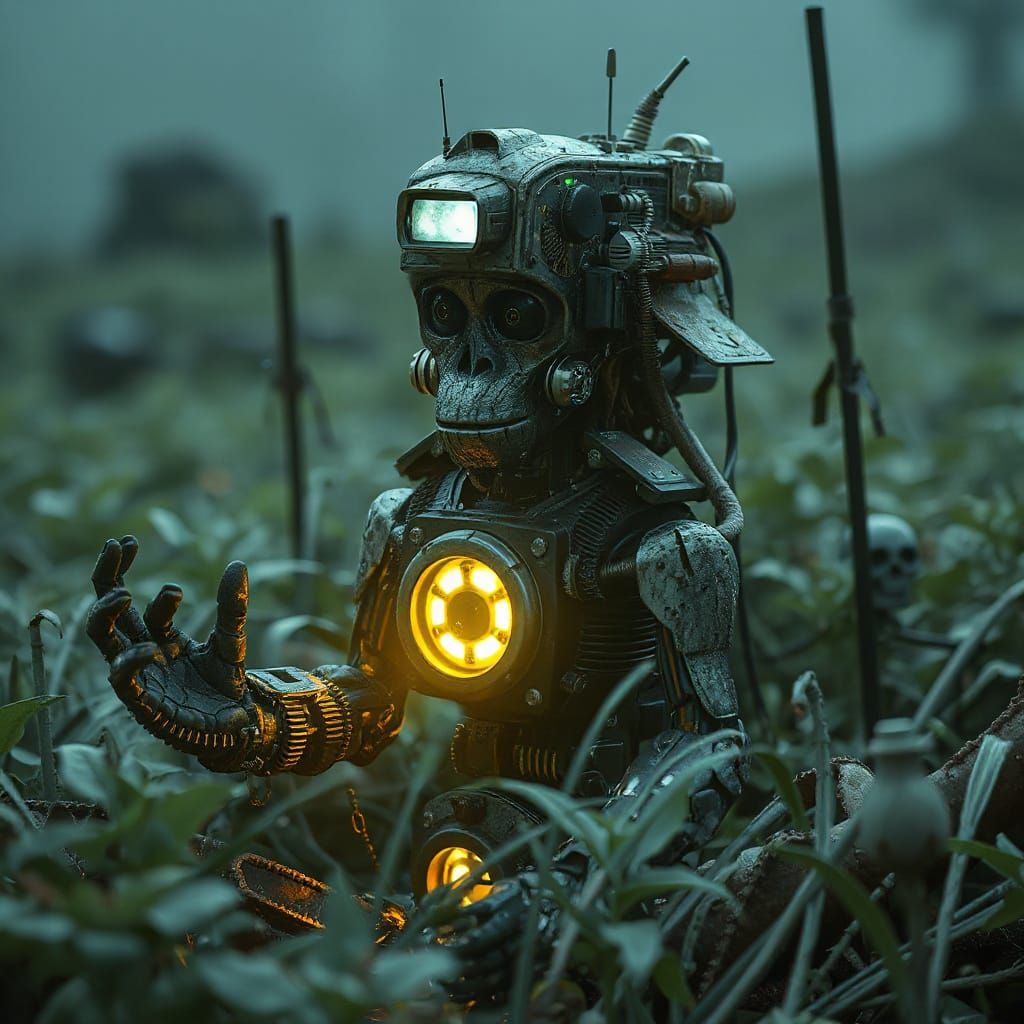 Bioluminescent Robot Gorilla in Surreal Alien Field