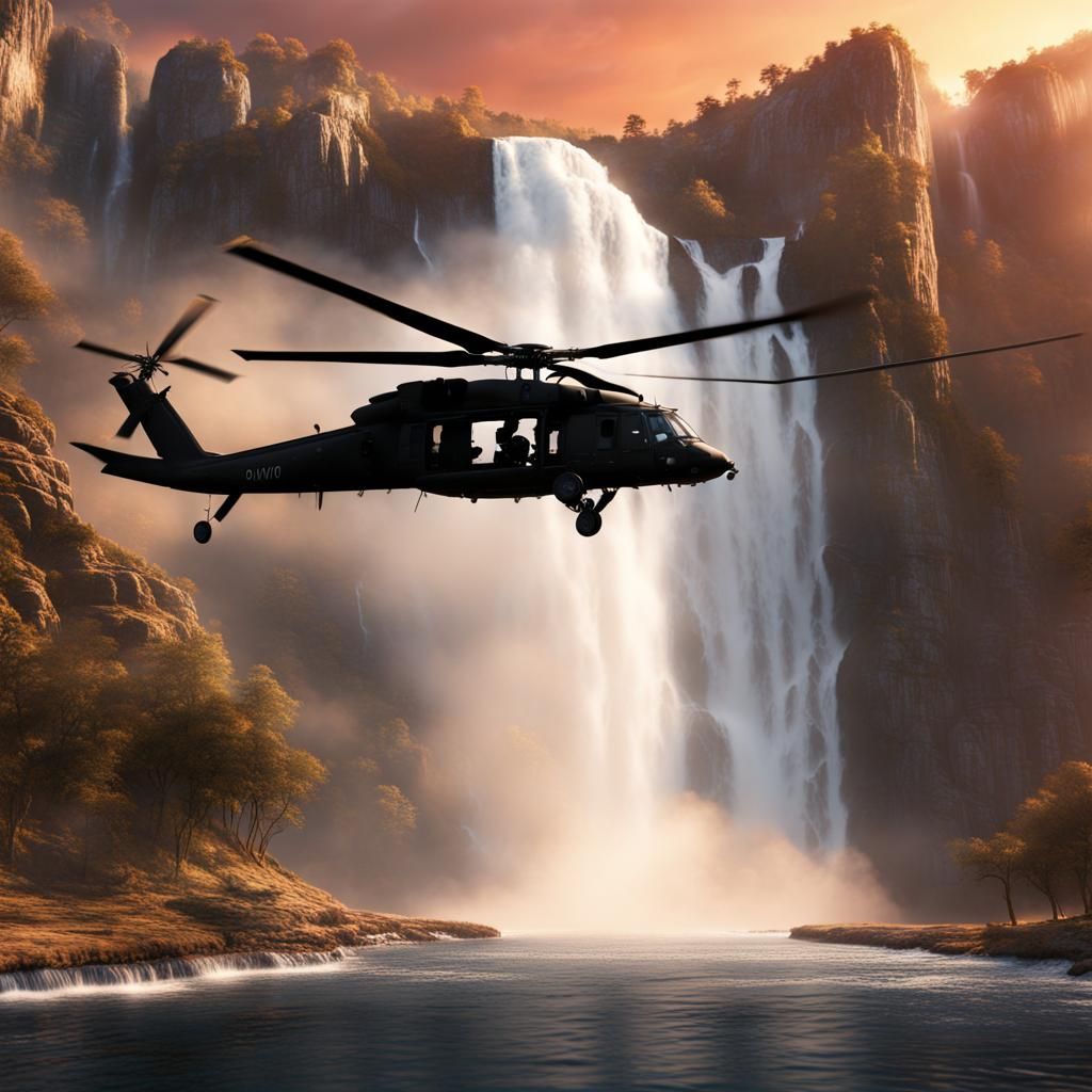 Black Hawk Helicopter Sunset Waterfall Matte Painting