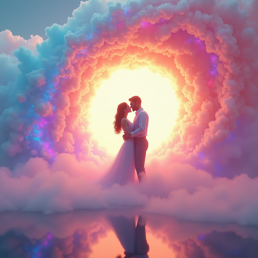 Ethereal Couple Embracing in Iridescent Mist as 3D Rendered ...