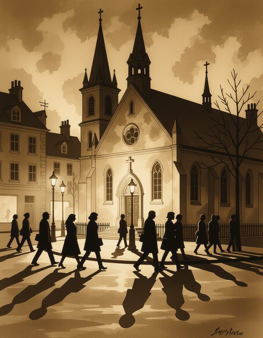 Sepia Street Scene of Lonely Figures by a Church