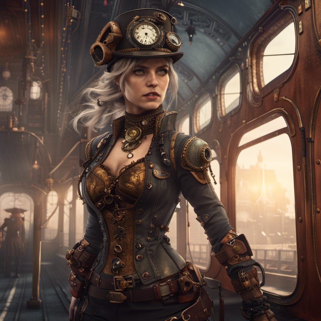 Steampunk Girl Warrior on Train in Detailed Matte Painting