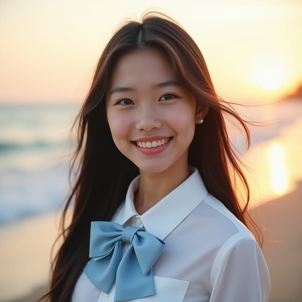 Japanese Girl Portrait on Beach at Sunset